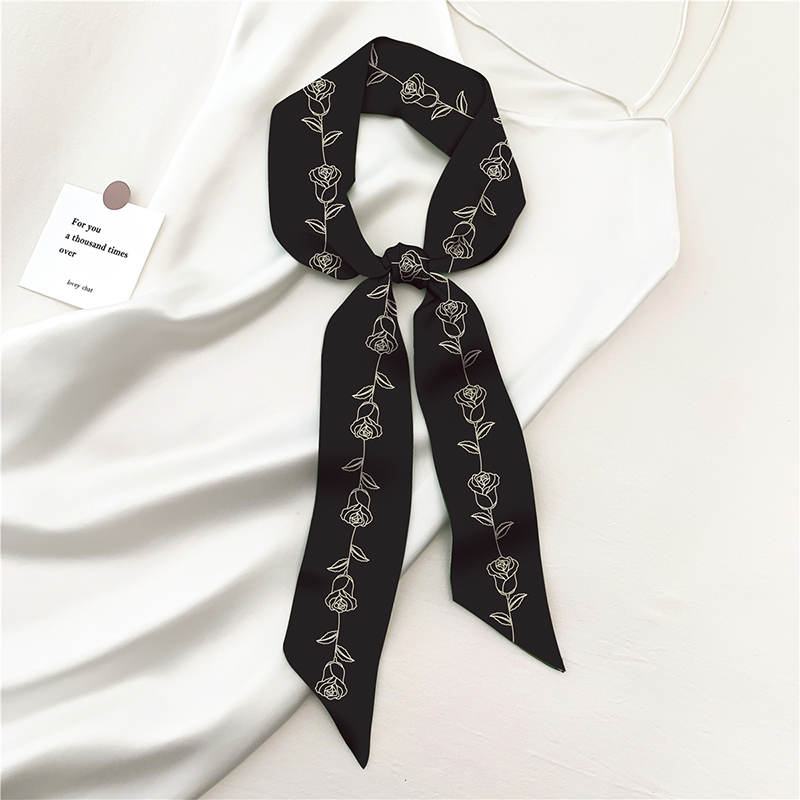 黑色系小香风玫瑰丝巾女法式发带长条绑包飘带多功能装饰西装领巾