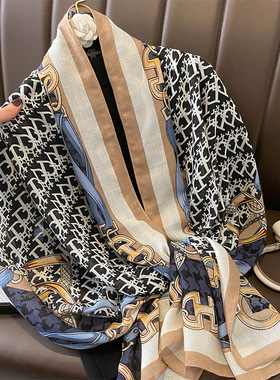 韩国时尚百搭个性字母链条棉麻手感围巾丝巾外搭披肩女妈妈款