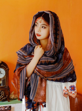披肩茶卡盐湖民族风丝巾西藏沙漠旅游拍照防晒长款流苏薄款围巾女