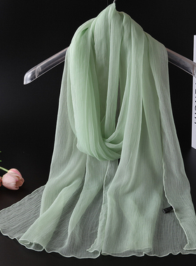 防紫外线防晒时尚丝巾女围巾纱巾薄款高档长款洋气秋冬夏季浅绿色