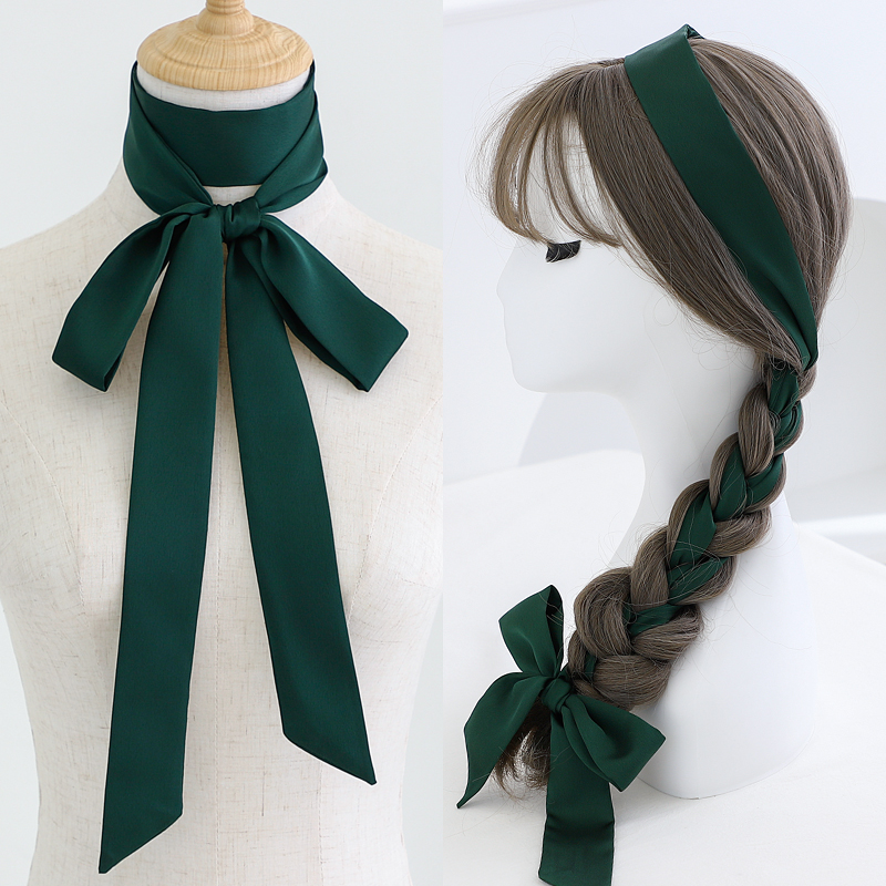 纯墨绿色超长条小丝巾女扎头编发带丝带缎带脖子装饰领带飘带腰带