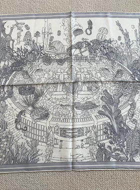 经典bi收 藏书章版亚特兰蒂斯灰色 台版素描风斜纹真丝丝巾65