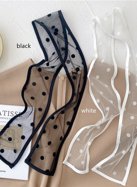 复古法式黑色波点印花窄长丝巾白色高级感设计气质温柔绑发飘带
