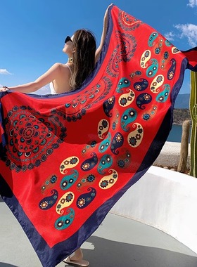 丝巾女夏季防晒披肩红色民族风薄款沙滩巾旅游拍照外搭披风纱巾