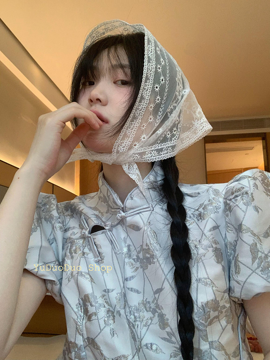 新中式蕾丝头巾女复古国风刺绣三角巾夏季绑发发带薄款包头丝巾潮