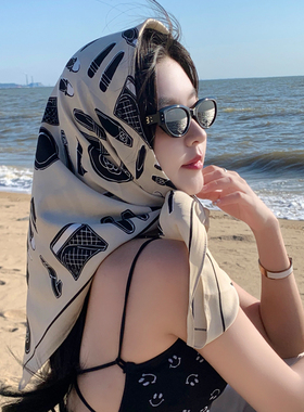 网红法式复古小方巾女百搭夏季防晒丝巾ins海边沙滩长条披肩头巾