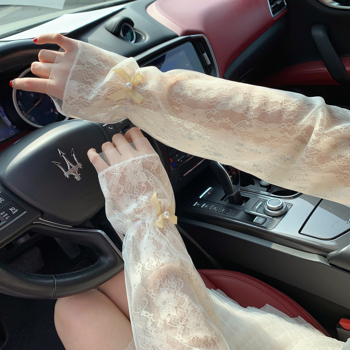 夏季户外开车冰丝袖套纯色蕾丝网纱蝴蝶结冰袖防紫外线护臂手袖女