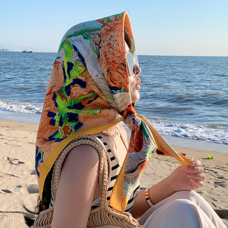 复古法式油画小方巾百搭女夏季防晒丝巾海边沙滩披肩包头巾薄款90
