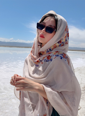 防晒披肩女围巾海边沙漠茶卡盐湖大西北丝巾新疆西藏旅游穿搭纱巾