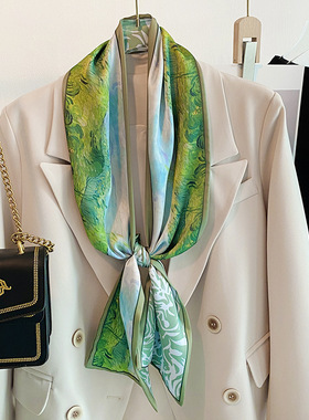 绿色麦田油画丝巾韩版百搭装饰细窄小长条领巾发带空调房护颈围巾