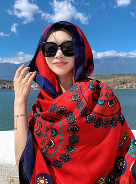 2024新款红色腰果旅游防晒丝巾女夏季民族风围巾披肩外搭长款纱巾