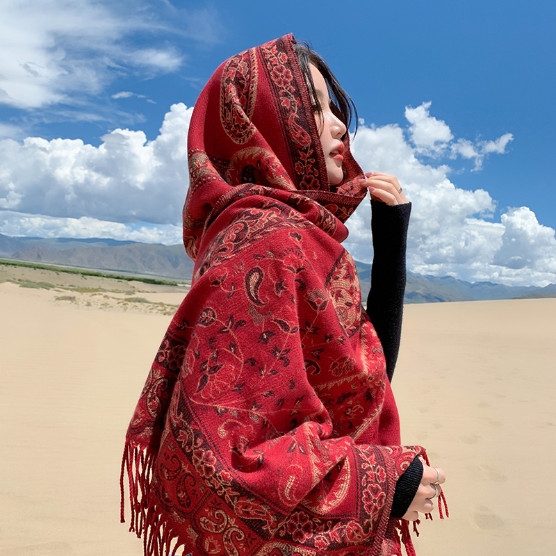 民族风夏季云南穿搭西藏旅游拍照红色青海湖披肩丝巾沙漠大围巾女