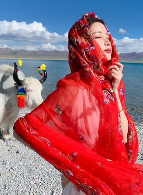 刺绣红色民族风丝巾纱巾披肩女超大防晒新疆西藏云南旅游拍照穿搭