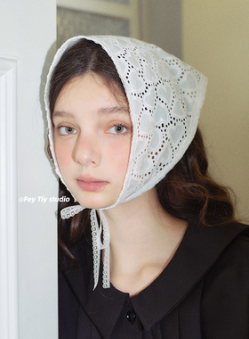 feytiy 镂空爱心三角巾头巾包头丝巾女法式复古蕾丝装饰绑发发带