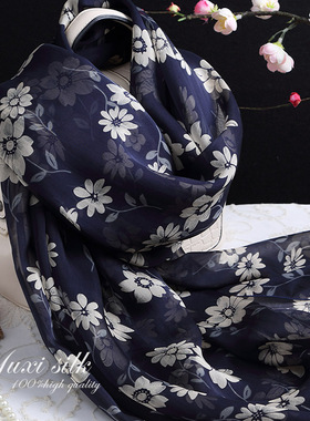 藏青花朵100%桑蚕丝长款真丝丝巾披肩女士纱巾春秋冬夏季丝绸围巾