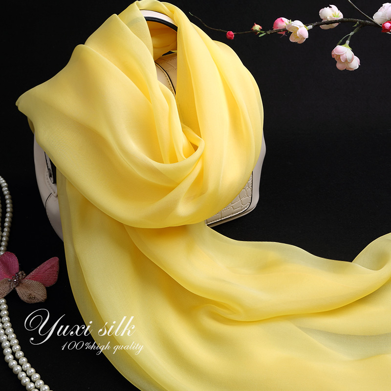 黄色纯色100%桑蚕丝长款真丝丝巾披肩女薄纱巾春秋冬夏季丝绸围巾