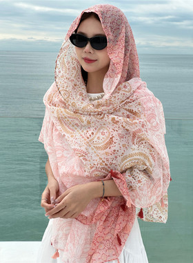 气质粉色腰果花丝巾女春季百搭长款大披肩夏天沙滩巾薄款棉麻围巾