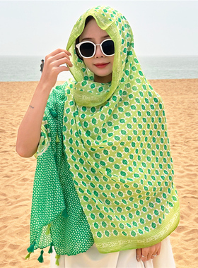 清新绿色小碎花丝巾女夏季防晒两用大披肩沙滩巾薄款棉麻围巾纱巾