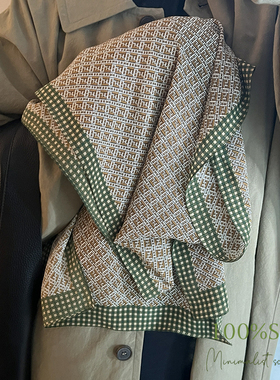 唤醒绿~小格子100%真丝丝巾长条双绉桑蚕丝围巾飘带绑发时尚百搭