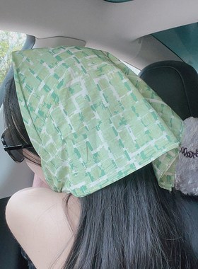 尤嘻岛韩系素雅绿色格子棉薄方巾丝巾女百搭度假拍照头巾包头时尚