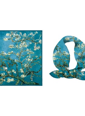 春季丝巾 梵高经典作油画盛开的杏花 女士新款53cm小方巾丝巾围巾