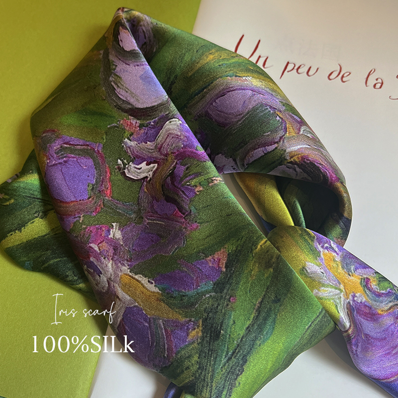 紫色鸢尾~100%桑蚕丝丝巾真丝65小方巾丝巾薄款高档送礼围巾碎花