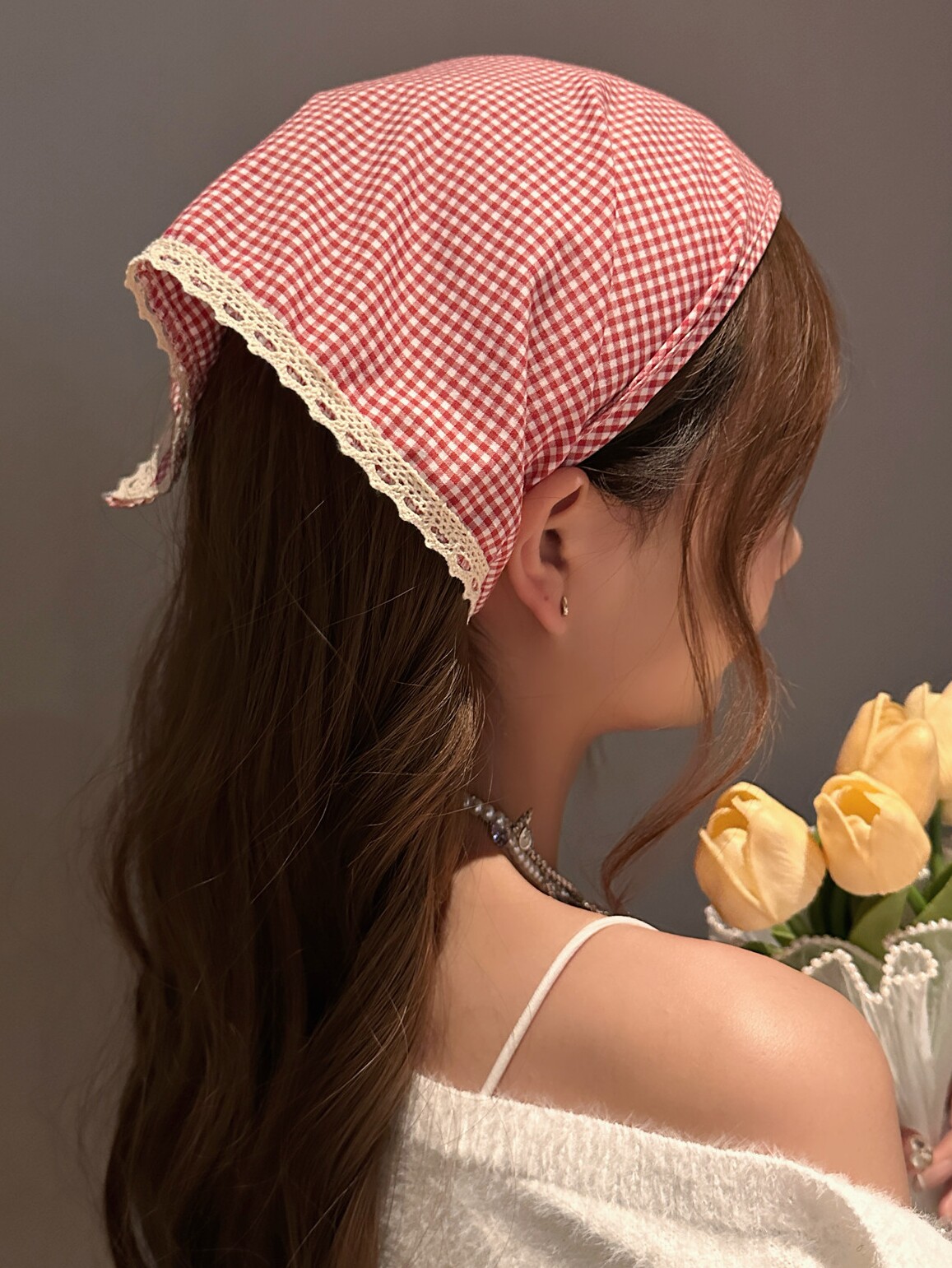 韩国ins蕾丝花边三角巾少女格子复古装饰丝巾甜美头巾发带小领巾