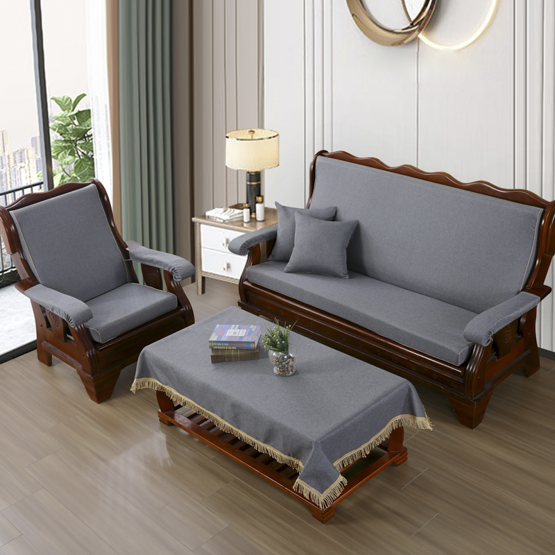 红实木中式沙发坐垫单人三人沙发带靠背连体加厚海绵棉麻防滑座垫