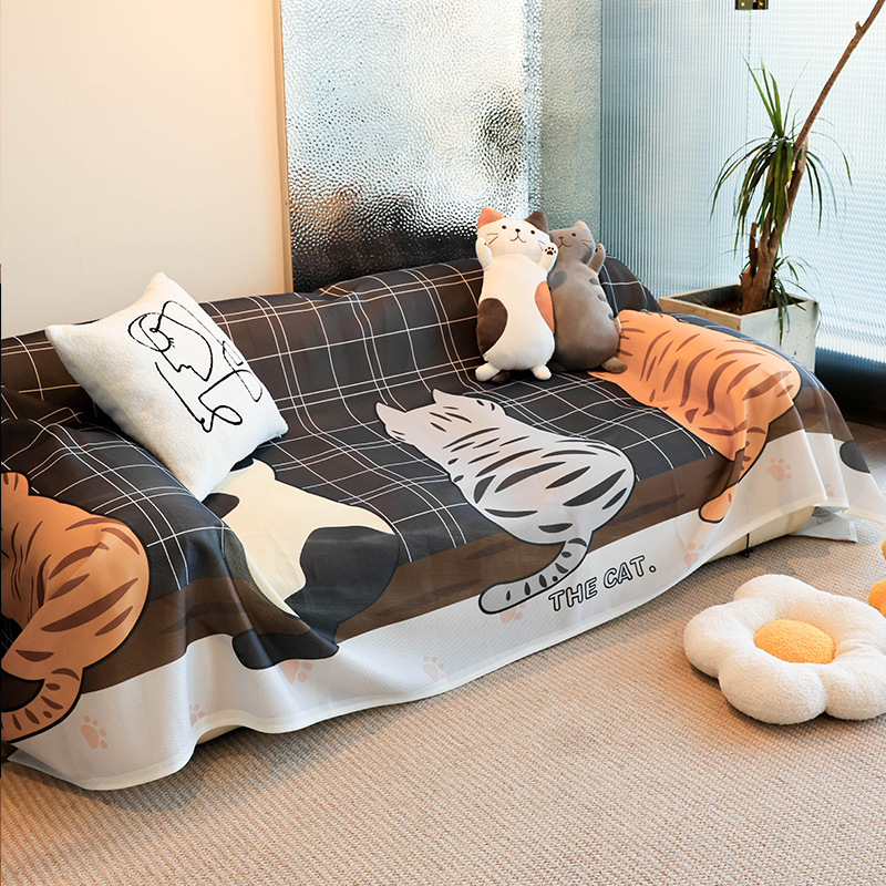 北欧卡通猫咪万能沙发盖布四季通用透气防滑防猫抓全包万能垫盖巾