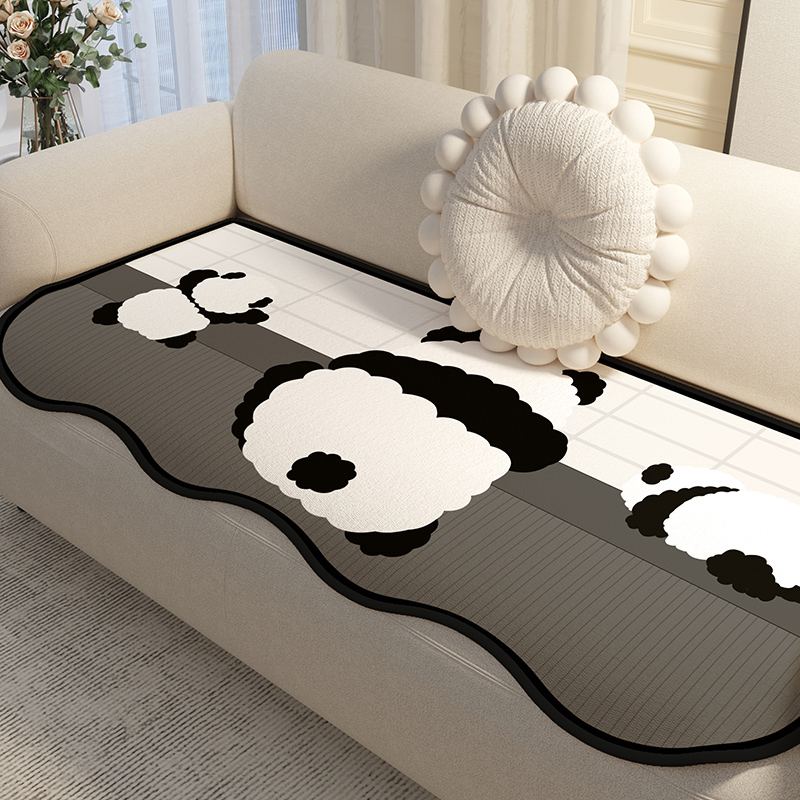 卡通熊猫沙发垫子新款防滑坐垫直排盖布四季通用耐脏不规则盖巾垫