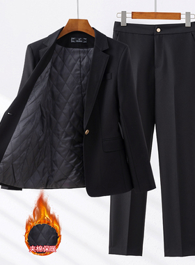 黑色夹棉西装外套女秋冬高端通勤职业正装工作服气质加厚西服套装