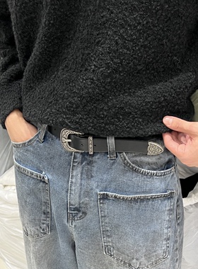 韩国代购男女款直播重工复古巴洛克雕花金属卡扣打孔皮带窄款腰带