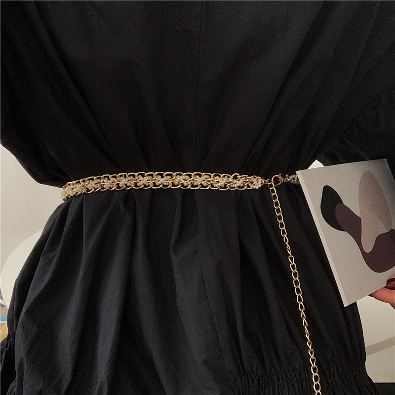 夏季欧美新款优雅气质金属珍珠腰带女士配连衣裙西装衬衫配饰腰链