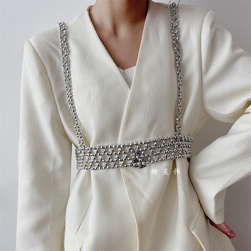 高级感银色法式珍珠腰带女配衬衫裙子西装小香风吊带腰封外穿装饰