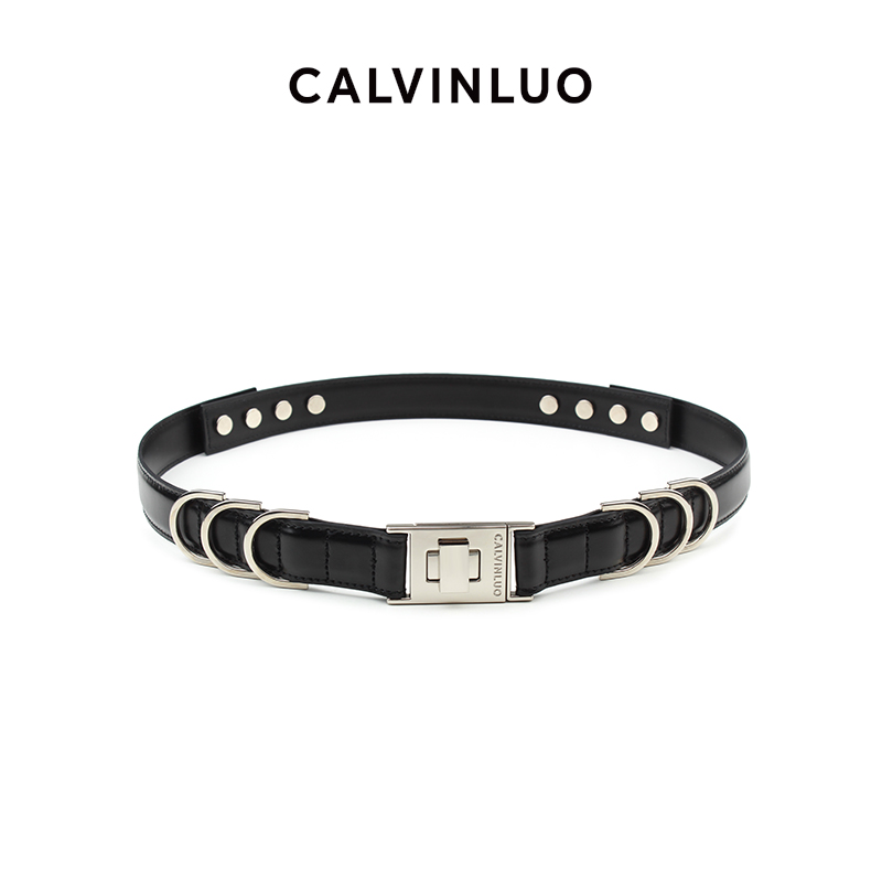 CALVINLUO 24新品百搭时髦黑色扣环装饰腰带