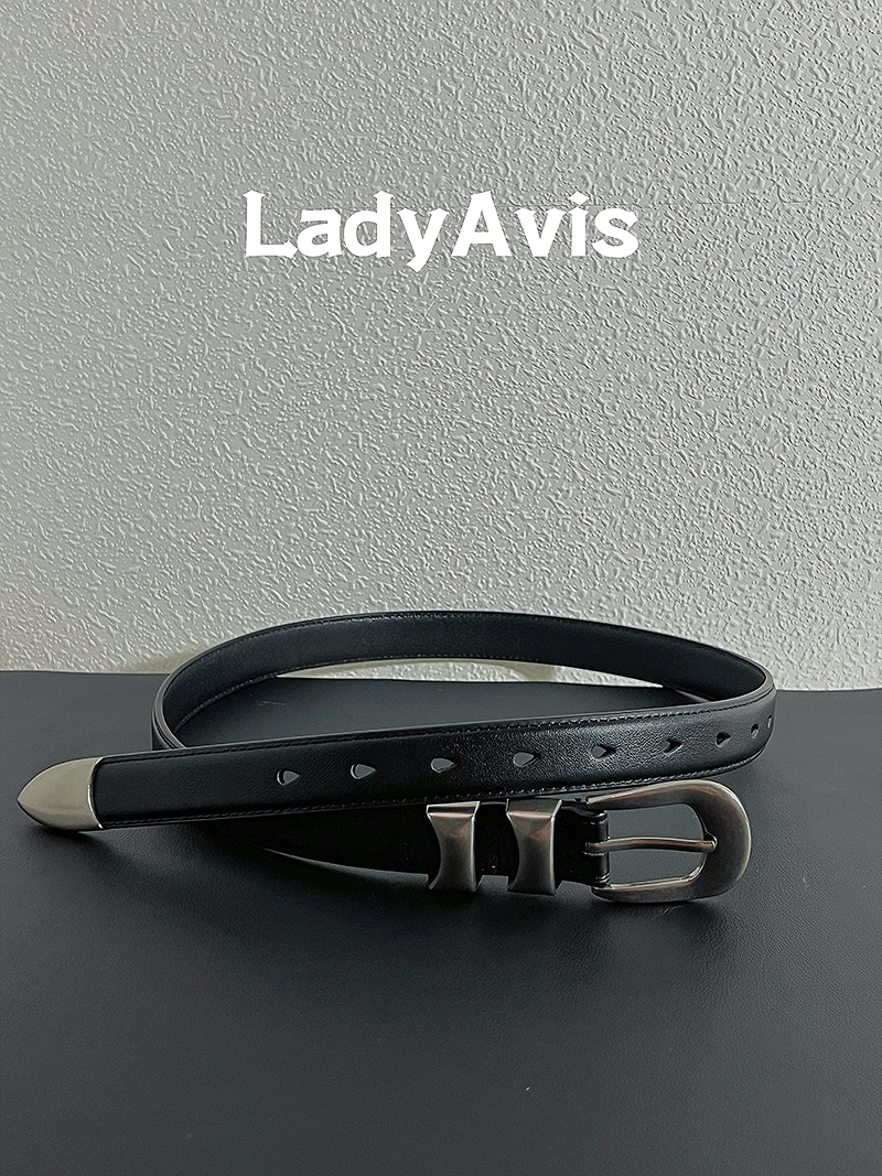 LadyAvis潮流时尚银色针扣女士头层牛皮皮带男女同款黑色真皮腰带