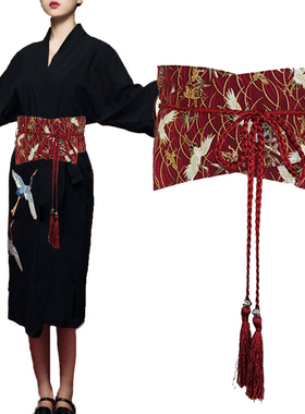 日本浮世绘红色仙鹤流苏腰带棉麻日式图腾和风和服印花纯色腰封女