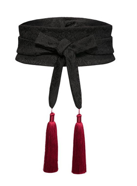 【MUI】原创设计国风黑红撞色绑带流苏棉麻系带腰带连衣裙宽腰封