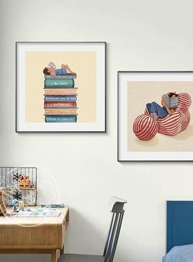 网红爱读书的大人孩子儿童房装饰画卧室床头客厅沙发壁画书房看书