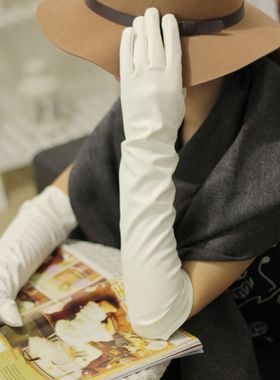 韩版长款白色皮手套长袖女款显瘦长筒加长秋冬季长臂过肘皮草手套