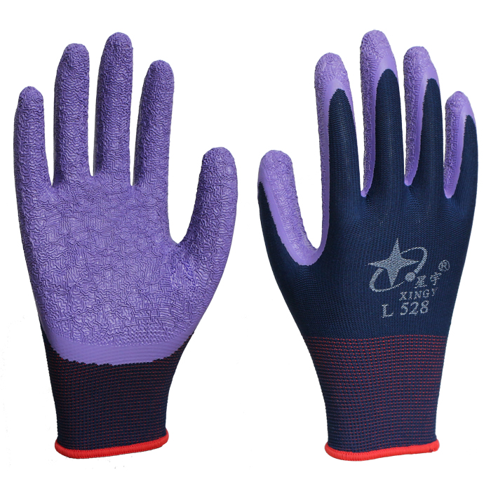 星宇正品耐磨防滑L528紫色天然乳胶皱纹吊卡工地透气劳保防护手套