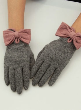 日本可爱超大蝴蝶结羊毛呢手套冬季女士保暖开车分指纯色手套甜美