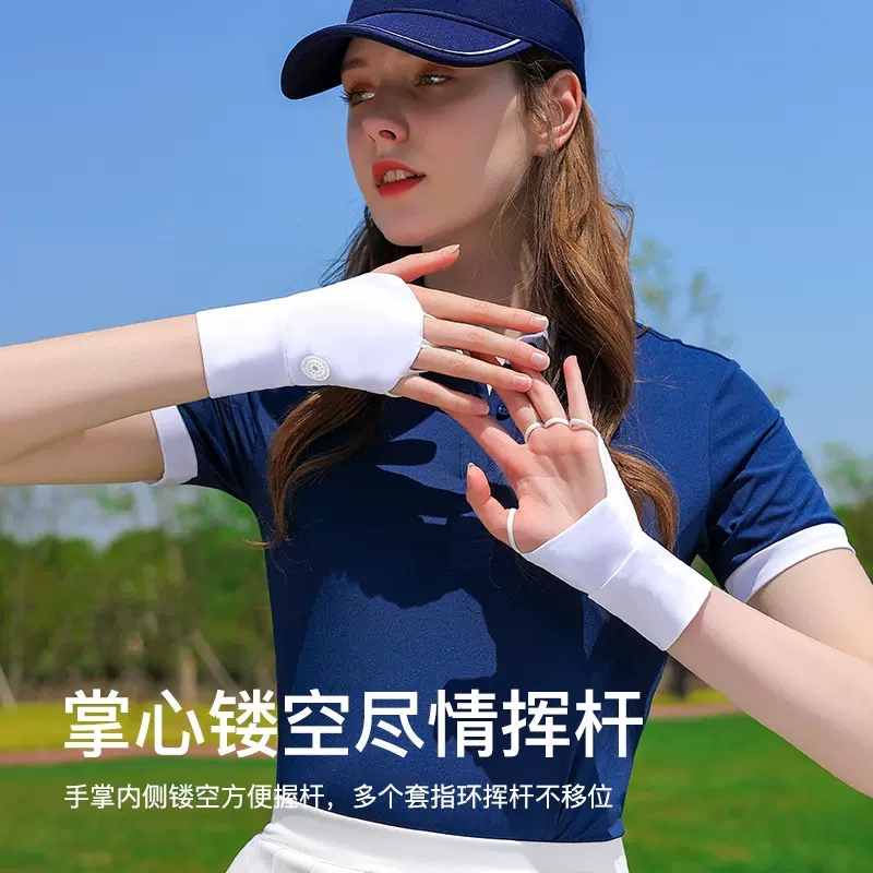 夏季冰丝户外运动高尔夫骑行防晒手套手腕加长掌心镂空半指运动
