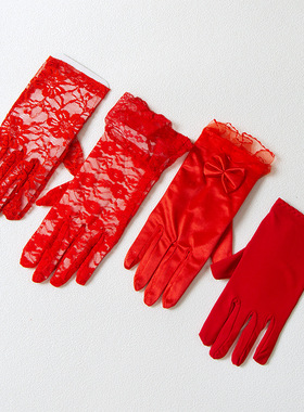 红手套本命年大红色珠宝礼仪薄款弹力男女结婚用冬季跳舞戴的手套