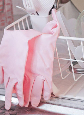 日本进口粉色厨房手套洗碗家务清洁防水护手耐用乳胶手套橡胶手套