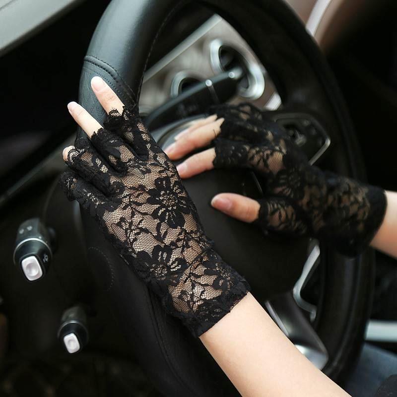 汽车驾驶专用手套夏季薄款女士半指蕾丝遮伤疤半截露指防晒开车