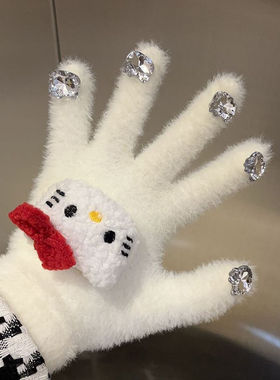 helloKitty猫手套秋冬季女生钻石美甲五指手套保暖貂毛分指手套