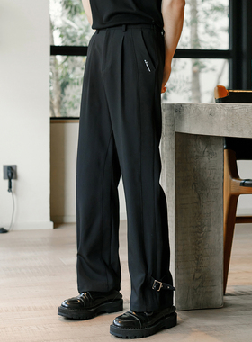 CHICERRO西西里男装夏季薄款设计感黑色垂感西裤直筒宽松休闲裤子