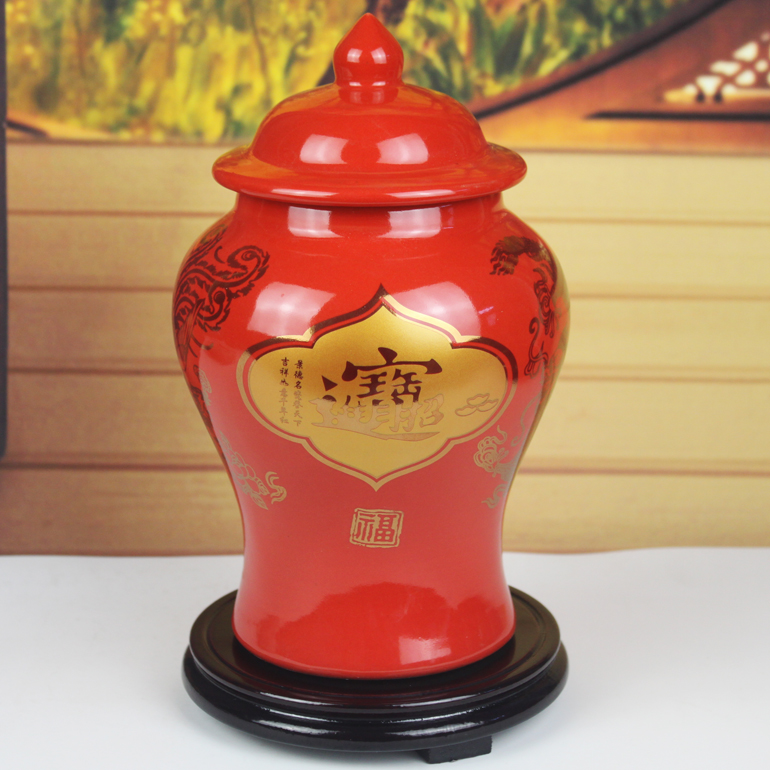 景德镇陶瓷器中国红将军罐招财进宝花瓶中式装饰品摆件喜字坛带盖