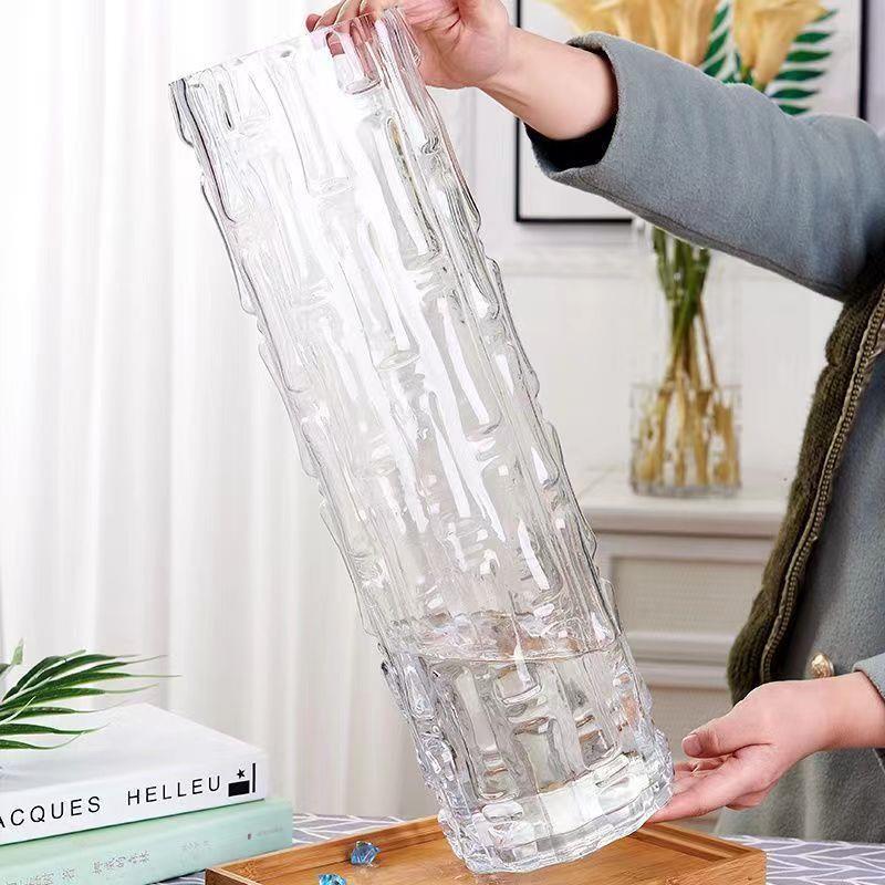 特大号圆形冰花玻璃花瓶简约家用富贵竹水养直筒竹节落地插花客厅